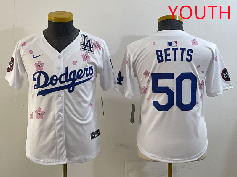 Youth Los Angeles Dodgers #50 Betts White Sakura Edition 2025 Nike MLB Jersey style 5->youth mlb jersey->Youth Jersey